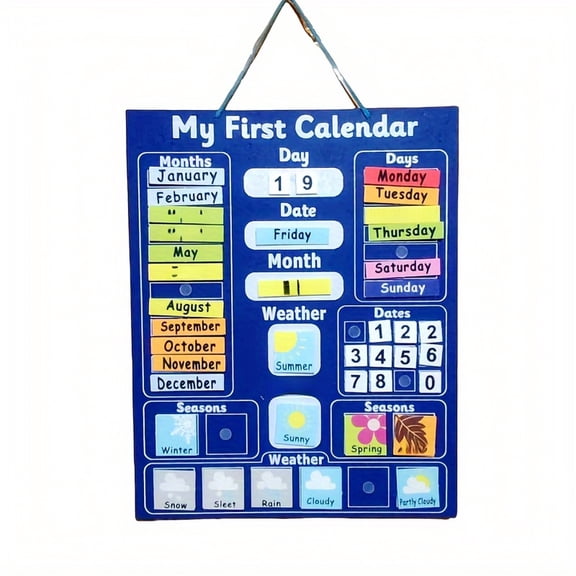 Pocket Chart Calendar with Weather and Season Cards, 1 Set, Blue, for and Classroom, Hobby Wall Decor
