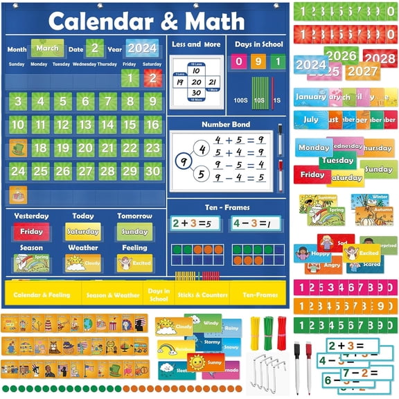 Pocket Chart for Classroom,Toddler Preschool Math Calendar,Circle Time Learning Center,Math Manipulatives with Counting,Addition and Subtraction Games,Homeschool Supplies,Classroom Must Haves