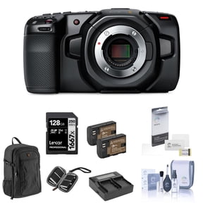 Blackmagic Design Pocket Cinema Camera 4K, Bundle, 2x Battery Packs, Backpack, Dual Smart Charger & Plate, Screen Protector, SD Card, Card Wallet, For Professional Digital Video Recording (11 Items)