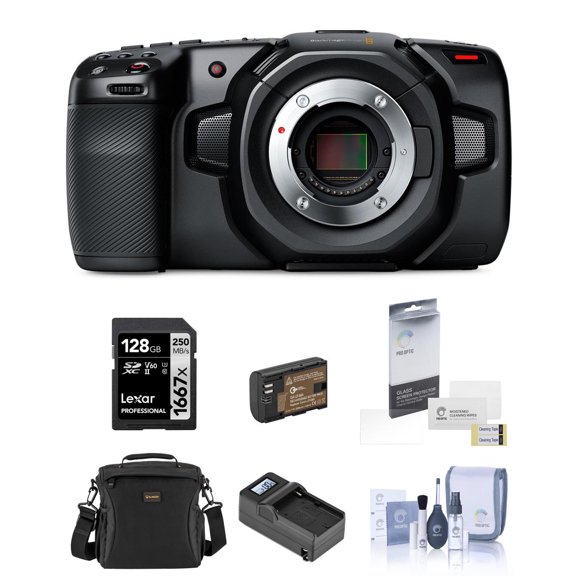 Pocket Cinema Camera 4K Bundle with 128GB SD Card, Shoulder Bag, Charger, Extra Battery, Screen Protector, Cleaning Kit