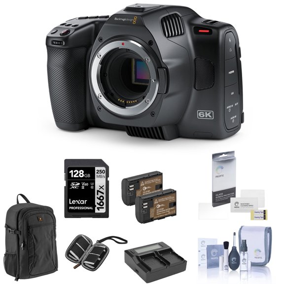 Blackmagic Design Pocket Cinema Camera 6K G2 Bundle with 128GB SD Card, Backpack, 2x Battery, Charger, Screen Protector, SD Card Case, Cleaning Kit