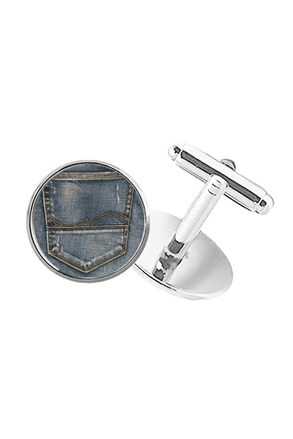 Pocket Denim Jean Cowboy Lining Textile Round Button Cuff Clip Stud Cufflinks