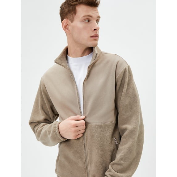 Pocket Detail Zipper High Neck Plush Sweatshirt