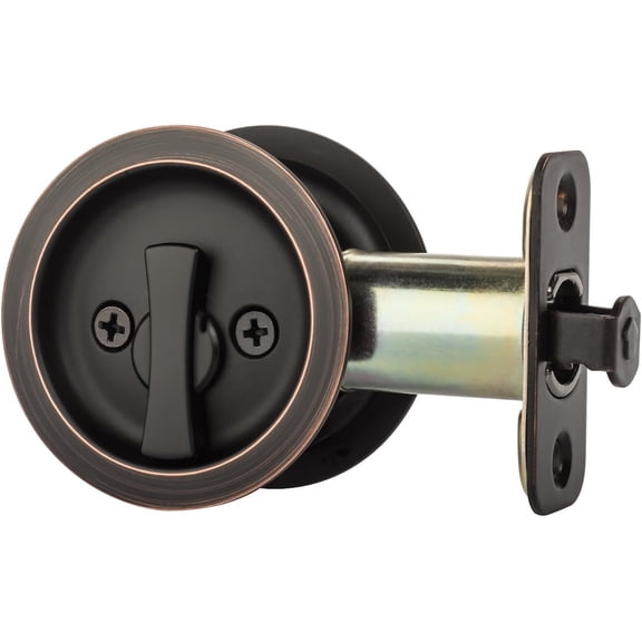 Pocket Door Latch, Round Sliding Handle for Bathroom or Bedroom, Locking Passage Pull, Easy Install Pocket Door Hardware, Aged Oil Rubbed Bronze Finish, 2-3/8" Backset, Universal Fit