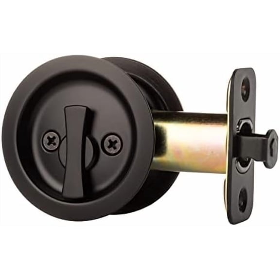Pocket Door Latch, Round Sliding Handle for Bathroom or Bedroom, Locking Passage Pull, Easy Install Pocket Door Hardware, Flat Black Finish, 2-3/8" Backset, Universal Fit$$