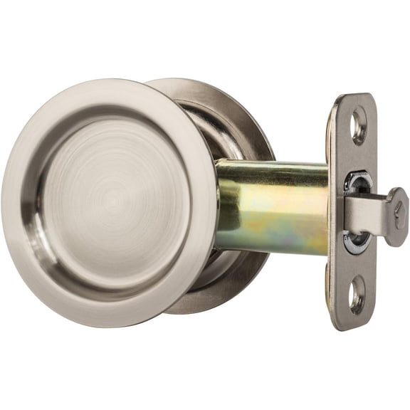 Pocket Door Latch, Round Sliding Handle for Hall or Closet, Non-Locking Passage Pull, Easy Install Hardware, Aged Satin Nickel Finish, 2-3/8" Backset, Universal Fit