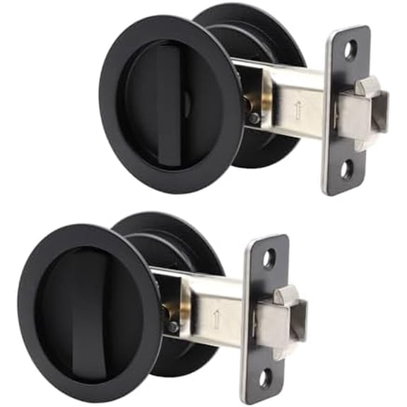 Pocket Door Passage Lock, Double Sided Rotation, Privacy (Bed/Bath) Latch, Flush, Large Locking Lever, Hardware for 1 3/8 to 2 3/16 Thickness Door (Matte Black, Round - 2 Pack)