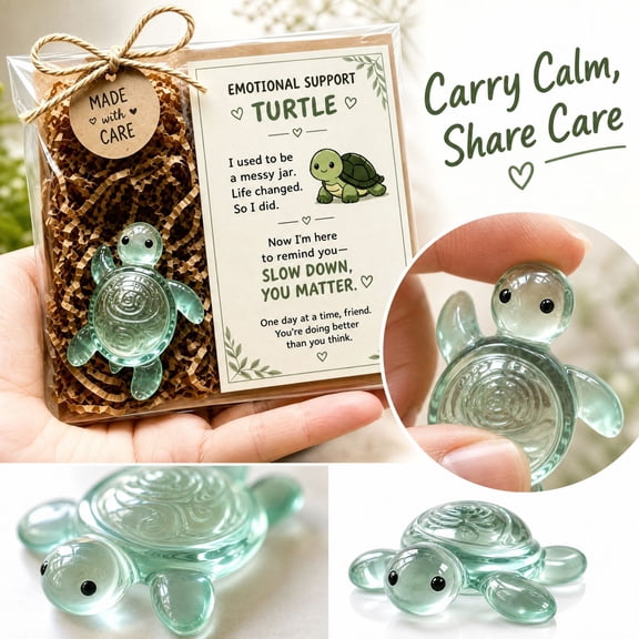 Pocket Emotional Support Turtle, Transparent Green Turtle Mini Statue, Motivational Tiny Turtle Keepsake, Thoughtful Sympathy Gift with Message Card, Comfort Care Package Gift