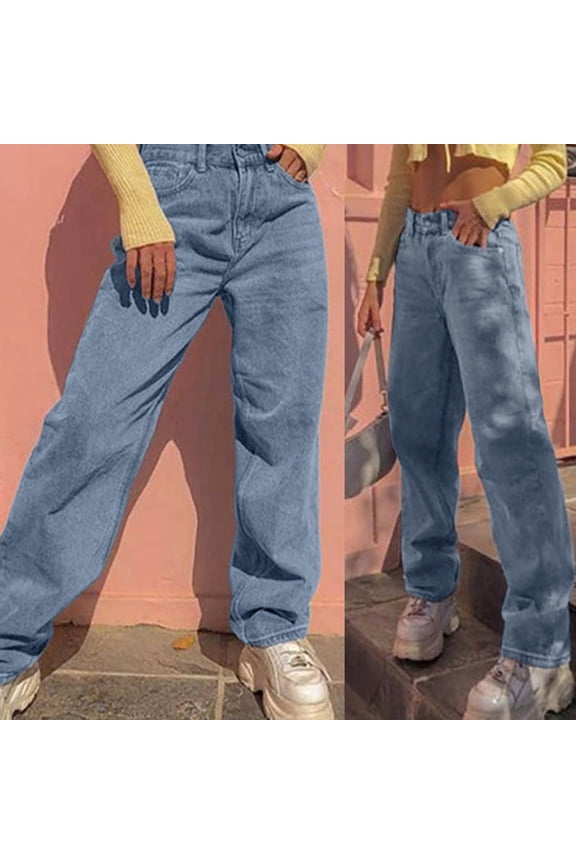 Pocket Fashion Print Loose Waist Jeans Color Solid Blue High Women Pants Pants Womens Clothes Women Boot Cut Jean Cargo Pants for Women Baggy Dorm Pant Designer Pants for Women Pants Size 12 Jean