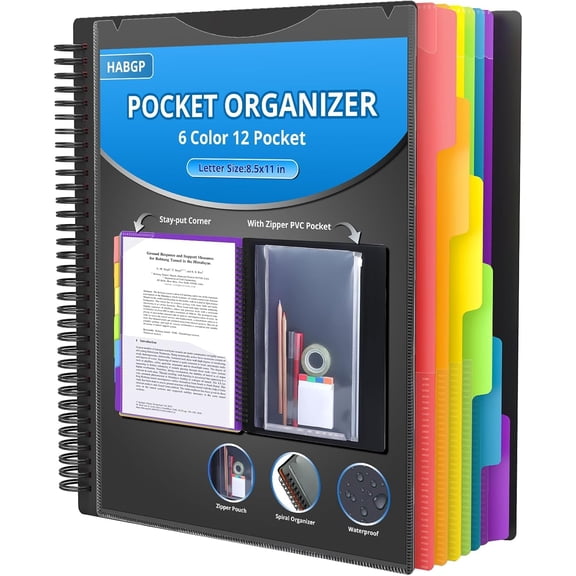 Pocket Folders 12-Pack 6 Colors Multi-Pocket Plastic Folders with Dividers