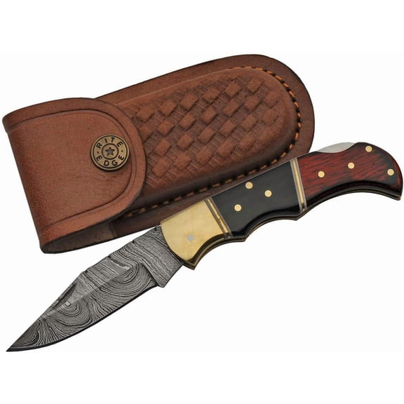 SANZ 3.5" Damascus Knife  Wood & Horn Handle with Brass Bolster, Leather Sheath