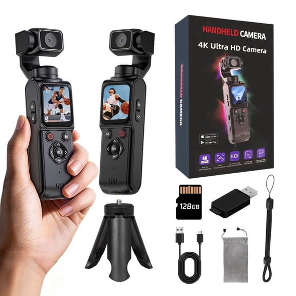 Pocket Handheld Gimbal Camera 4K HD Vlog Camera with 128GB TF Card, 330 Rotatable Lens WiFi Webcam