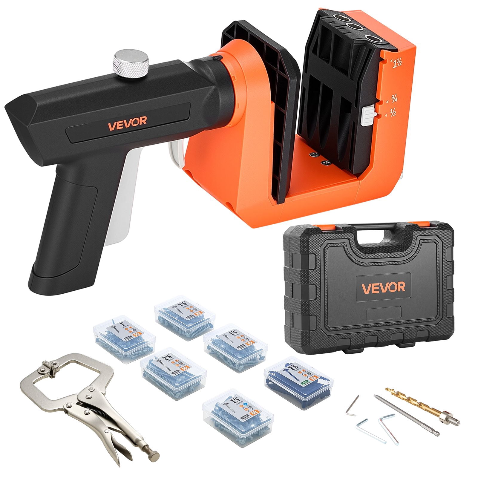Pocket Hole Jig Kit, 1/2", 3/4", 1-1/2" Adjustable, 360 °   Rotating Handle, Jig Pocket Hole System with 260 Screws, C-Clamp, Stop Collar, Drill Bit, Easy Clamping and Adjusting, for Woodworking