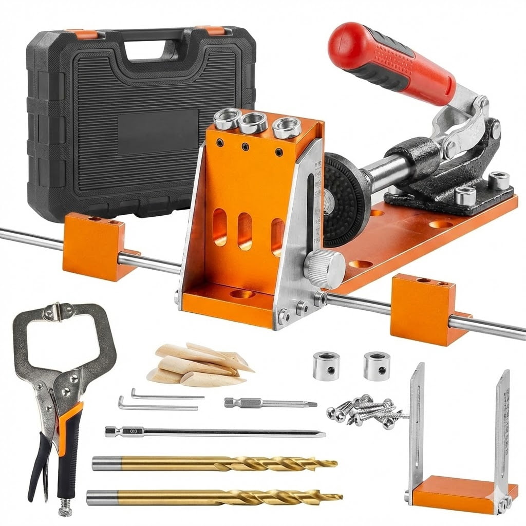 Pocket Hole Jig Kit, 34 Pcs Pocket Hole Jig System with 11" C-clamp,  Fixture, Step Drills, Wrenches, Drill Stop Rings, Square Drive Bits, Toolbox, Adjustable, for DIY Carpentry Projects
