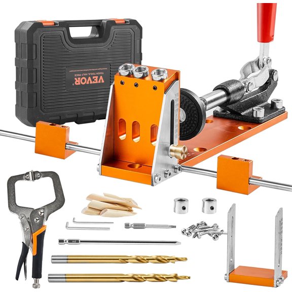 Pocket Hole Jig Kit, 34 Pcs Pocket Hole Jig System with 11" C-clamp, Fixture, Step Drills, Wrenches, Drill Stop Rings, Square Drive Bits, Toolbox, for DIY Carpentry Projects, Adjustable