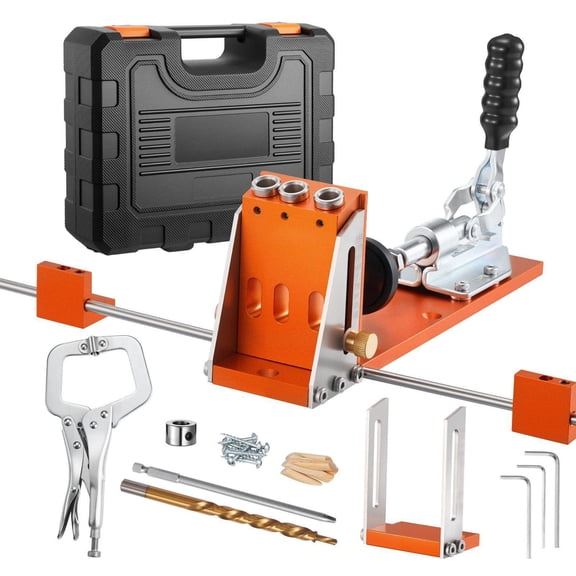 Pocket Hole Jig Kit Adjustable 0.5 to 1.5 Inch with Tool Case C Clamp Step Drill Hex Wrench Drill Stop Ring Square Drive Bit Reinforced Metal Frame for Woodworking