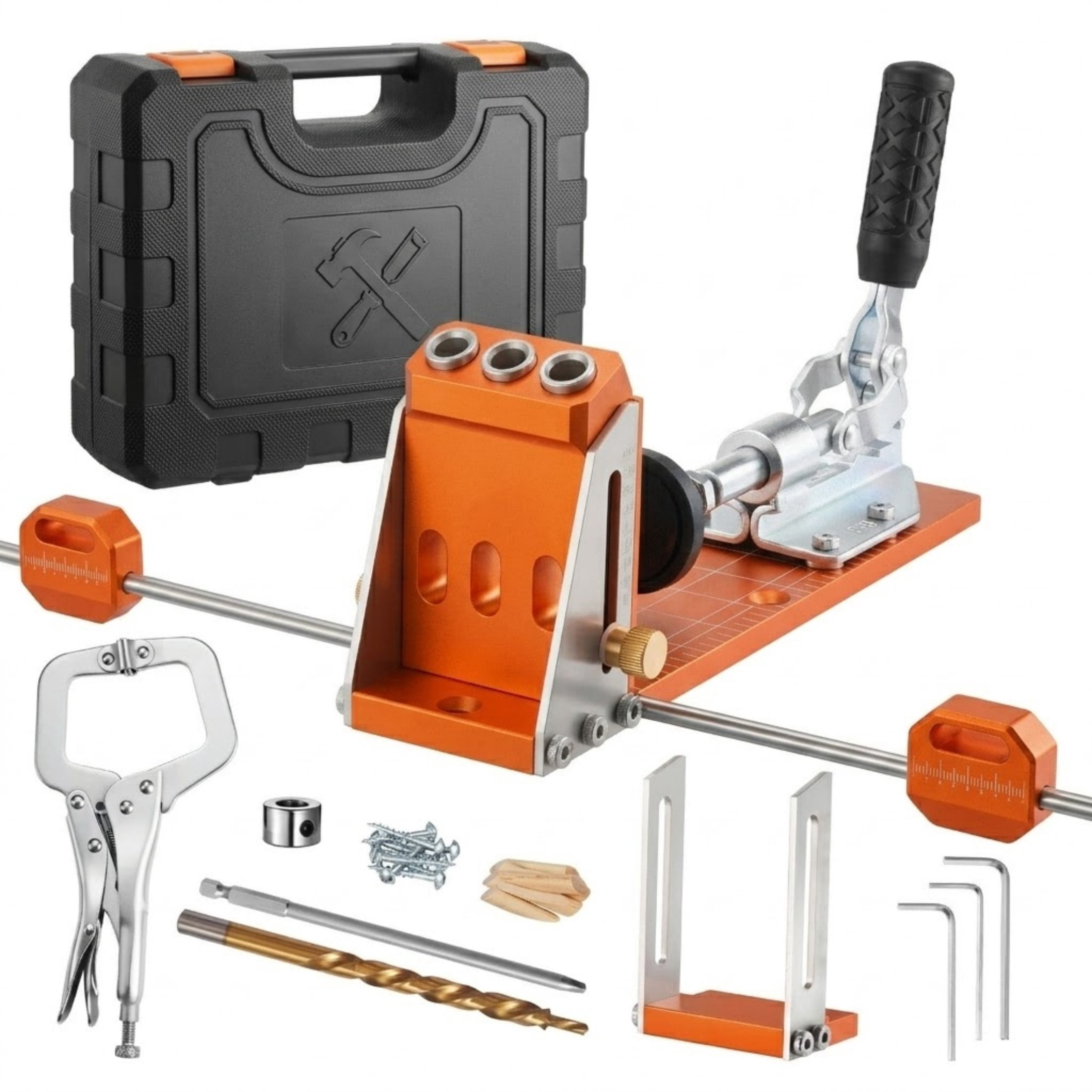 Pocket Hole Jig Kit, Adjustable 1/2" to 1-1/2" Woodworking Drill Guide System with Reinforced Metal Frame, Includes C-Clamp, Step Drill Bit and Toolcase