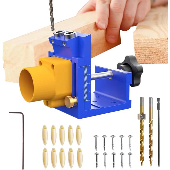 Pocket Hole Jig Kit, Metal Pocket Screw Jig 15 Degree Drilling Locator,Pocket Dowel Hole Jig System Set Wood Joint Angle Tool (Blue)