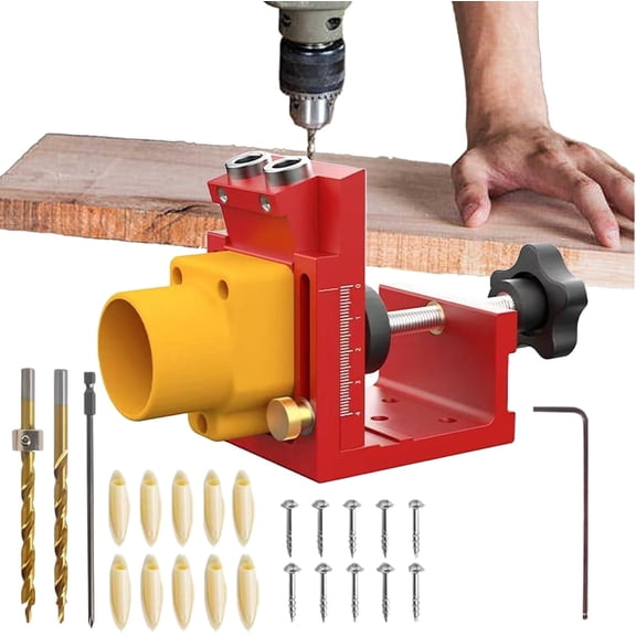 Pocket Hole Jig Kit, Metal Pocket Screw Jig 15 Degree Drilling Locator,Pocket Dowel Hole Jig System Set Wood Joint Angle Tool (Red)