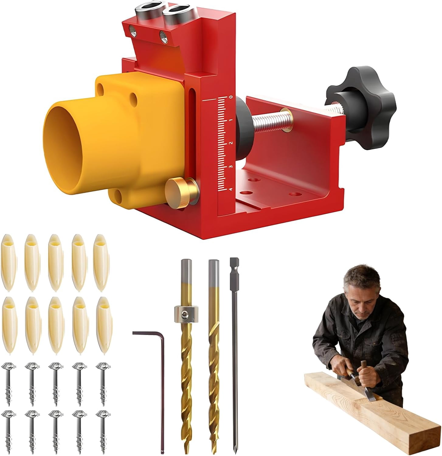Pocket Hole Jig Kit with Vacuum Adapter, Adjustable Aluminum Woodworking Corner Clamp System, 45° Angle Drilling Guide for Cabinets & Furniture, Red(DSF)