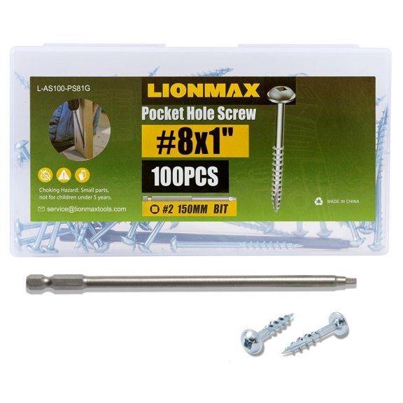 Pocket Hole Screws 1 Inch, 100 PCS Interior Pocket Screw #8 x 1, Coarse Thread, Square Drive, Washer Head, Zinc Plated Pocket Hole Screws, 150MM Drive Bit Included