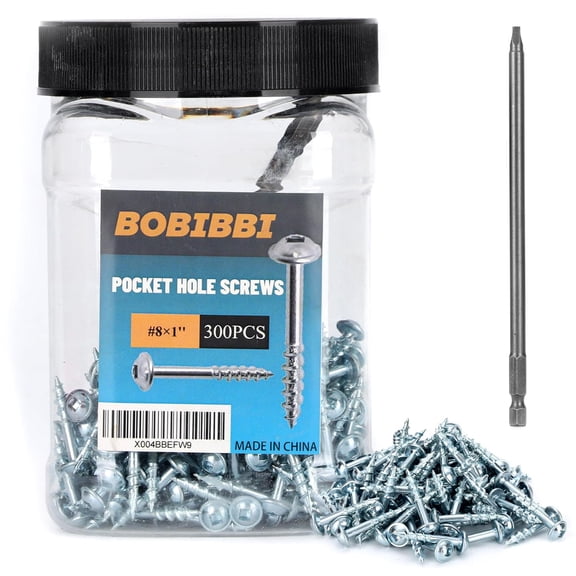Pocket Hole Screws #8x1 Zinc, Coarse Thread Wood Screws, Washer Head with Square Drive 300Pcs, 150MM Drive Bit Included