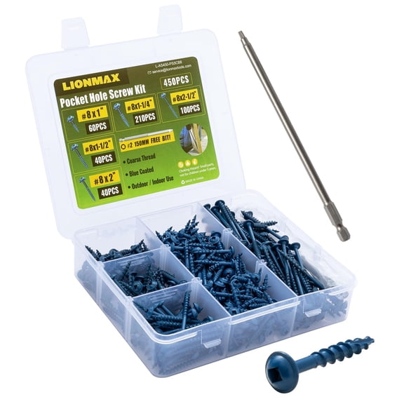 Pocket Hole Screws Assortment Kit, 450 PCS in 5 Sizes, 8 x 1, 1-1/4", 1-1/2", 2", 2-1/2", Blue Anti-Rust Coated Pocket Hole Screws for Exterior, Square Drive, 150MM Drive Bit Included