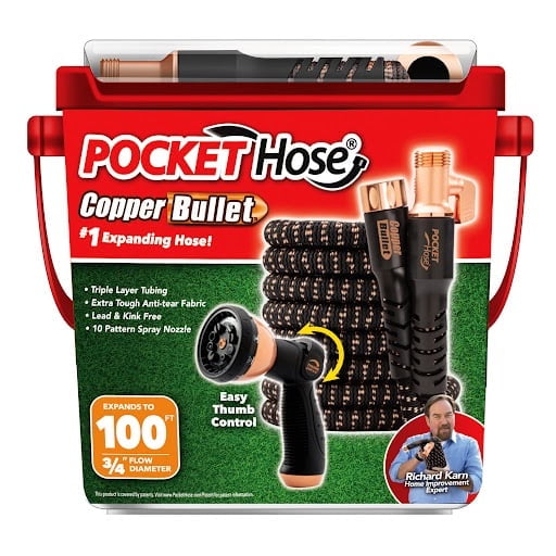 2024 Pocket Hose Copper Bullet AS SEEN ON TV Expands to 100 ft REMOVABLE Turbo Shot Multi-Pattern Nozzle 650psi 3/4 in Solid Copper Anodized Aluminum Fittings Lead-Free Lightweight No-Kink Garden Hos