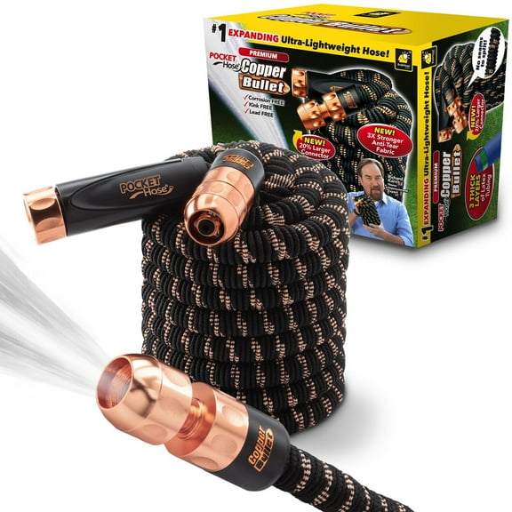 2024 Pocket Hose Copper Bullet AS SEEN ON TV Expands to 50 ft REMOVABLE Turbo Shot Multi-Pattern Nozzle 650psi 3/4 in Solid Copper Anodized Aluminum Fittings Lead-Free Lightweight No-Kink Garden Hose