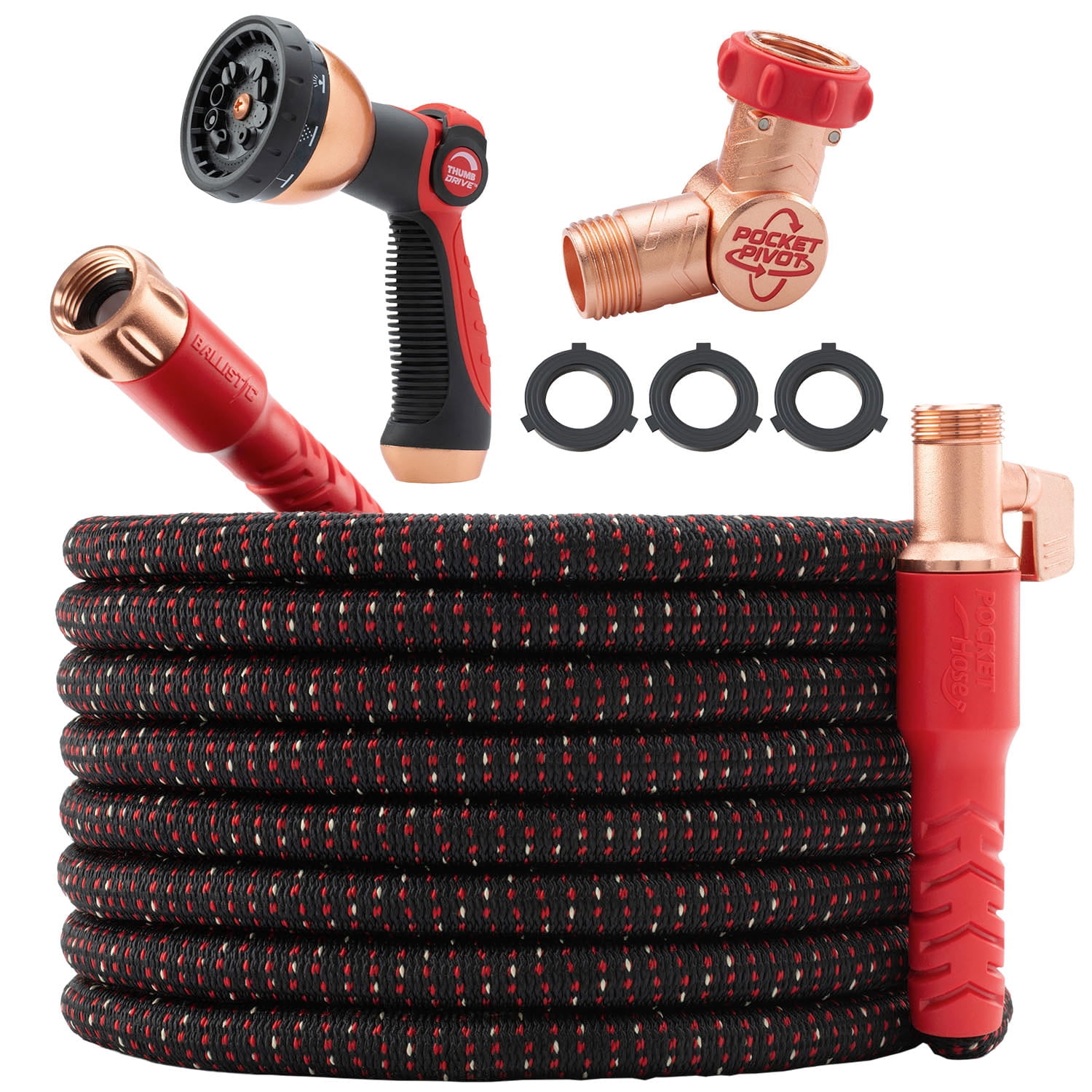 Pocket Hose Ballistic 100 ft Expandable Garden Hose w/ Pocket Pivot Swivel Connector, Anti-Burst Sleeve Reinforced with Bulletproof Fiber, Lightweight, No-Kink