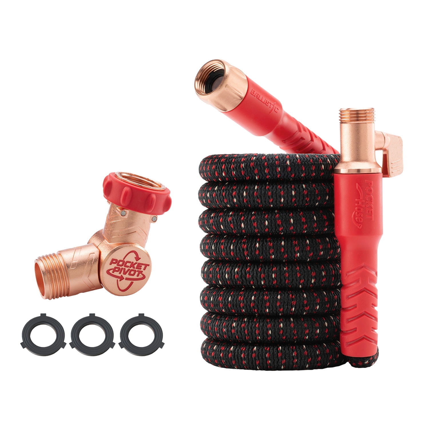 Pocket Hose Ballistic 25 ft Expandable Garden Hose w/ Pocket Pivot Swivel Connector, Anti-Burst Sleeve Reinforced with Bulletproof Fiber, Lightweight, No-Kink, Compact