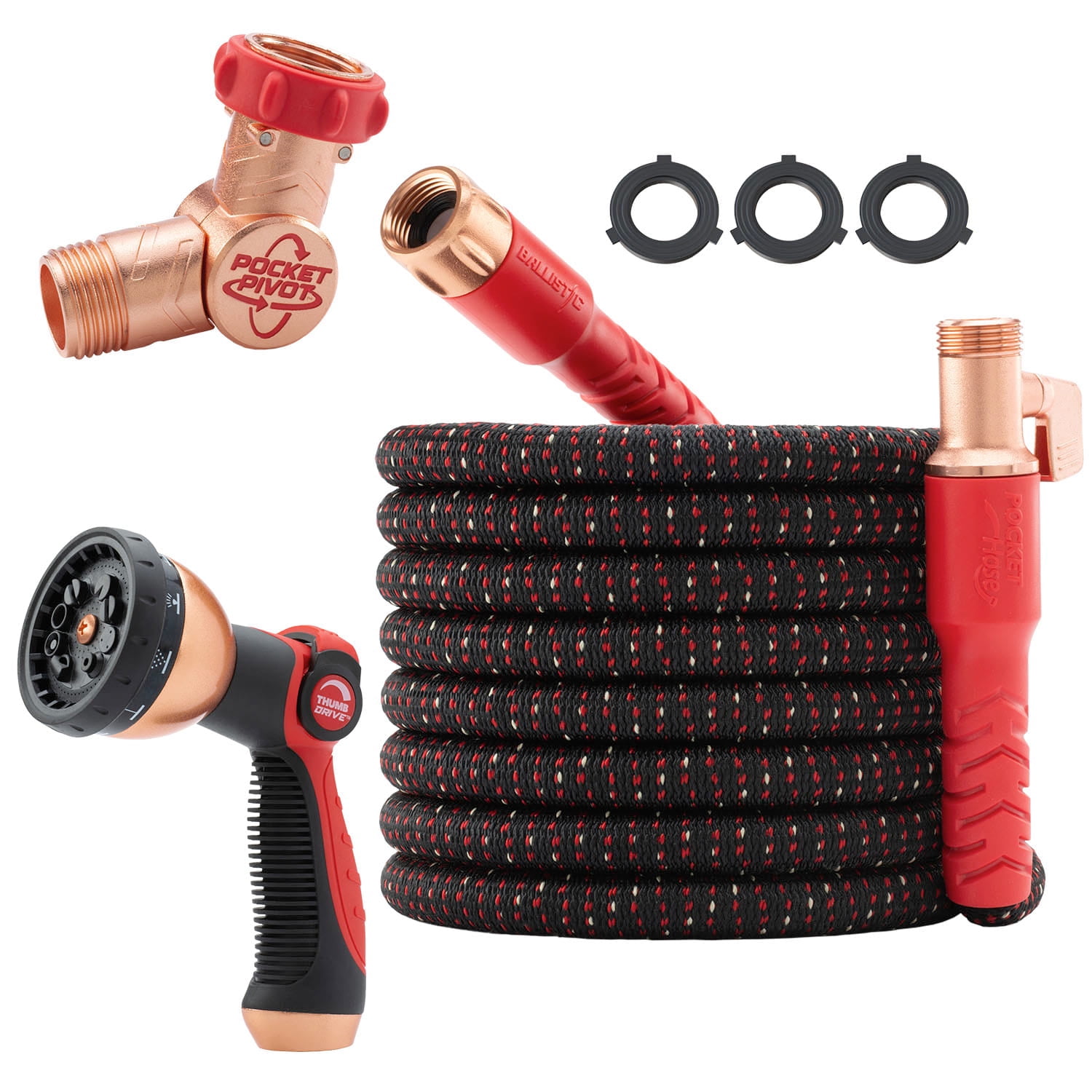 Pocket Hose Ballistic 75 ft Expandable Garden Hose w/ Pocket Pivot Swivel Connector, Anti-Burst Sleeve Reinforced with Bulletproof Fiber, Lightweight, No-Kink