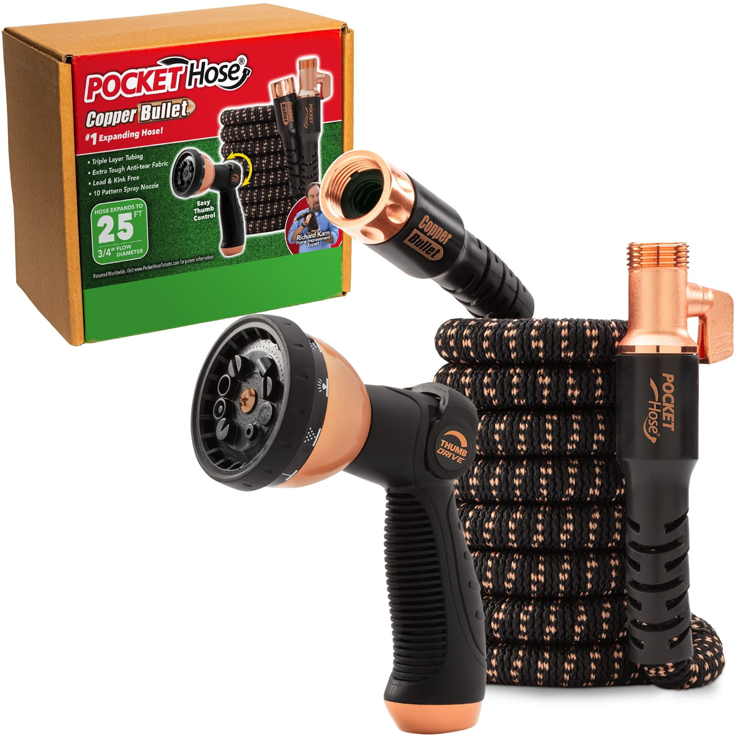 25 Ft Long Copper Bullet Hose Pocket Hose Copper Bullet - Extendable Garden Hose, 25ft, 650psi with