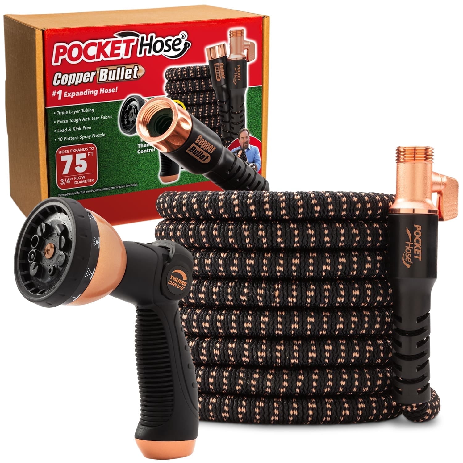 Pocket Hose Copper Bullet Expandable Garden Hose w/10 Pattern Thumb Spray Nozzle AS SEEN ON TV 650psi 3/4 in Patented Lead-Free Ultra-Lightweight Solid Copper Anodized Aluminum (75 Ft)