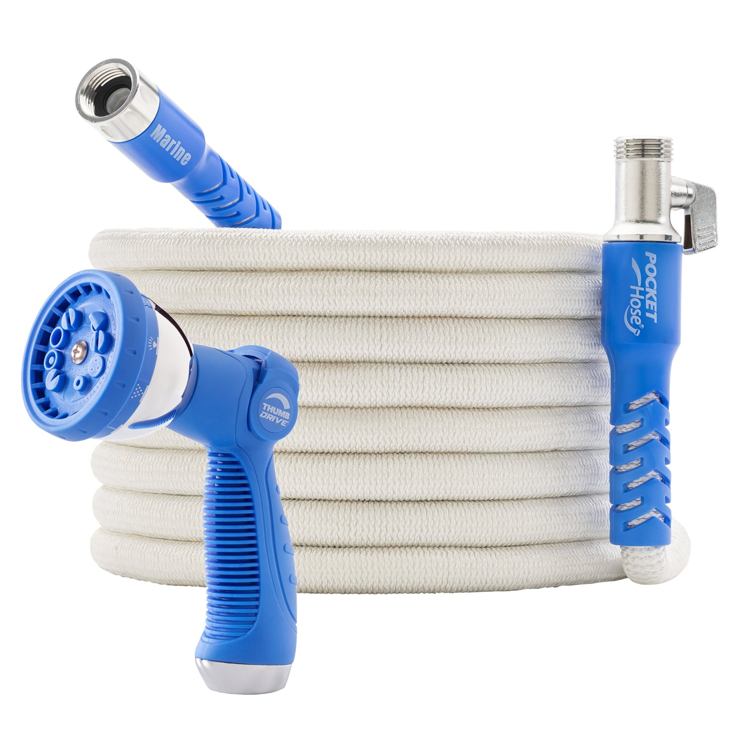 Pocket Hose Marine, Expandable, White, Scuff Free, 100ft, 3/4in, On/Off Valve, BONUS 10 Pattern Sprayer + Quick Dry Storage Bag AS SEEN ON TV Solid Aluminum/Lead-Free, Lightweight, No-Kink, All Boats