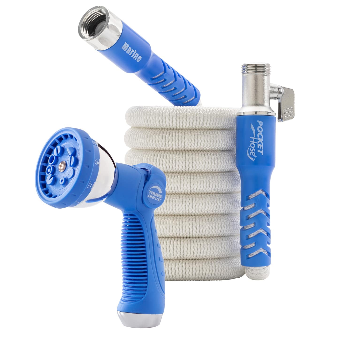 White and Blue Expandable Marine Hose with Spray Nozzle, 25 ft