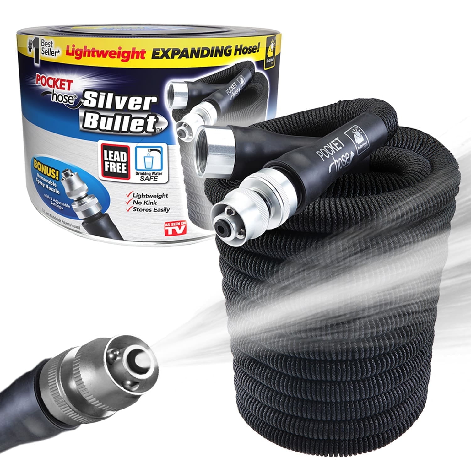 Pocket Hose 25 FT Silver Bullet Expandable Garden Hose, w/Turbo Shot Nozzle, AS SEEN ON TV, Lead-Free, Ultra-Lightweight, Solid Aluminum Connectors, On/Off Valve, No Kink, Anti-Leak