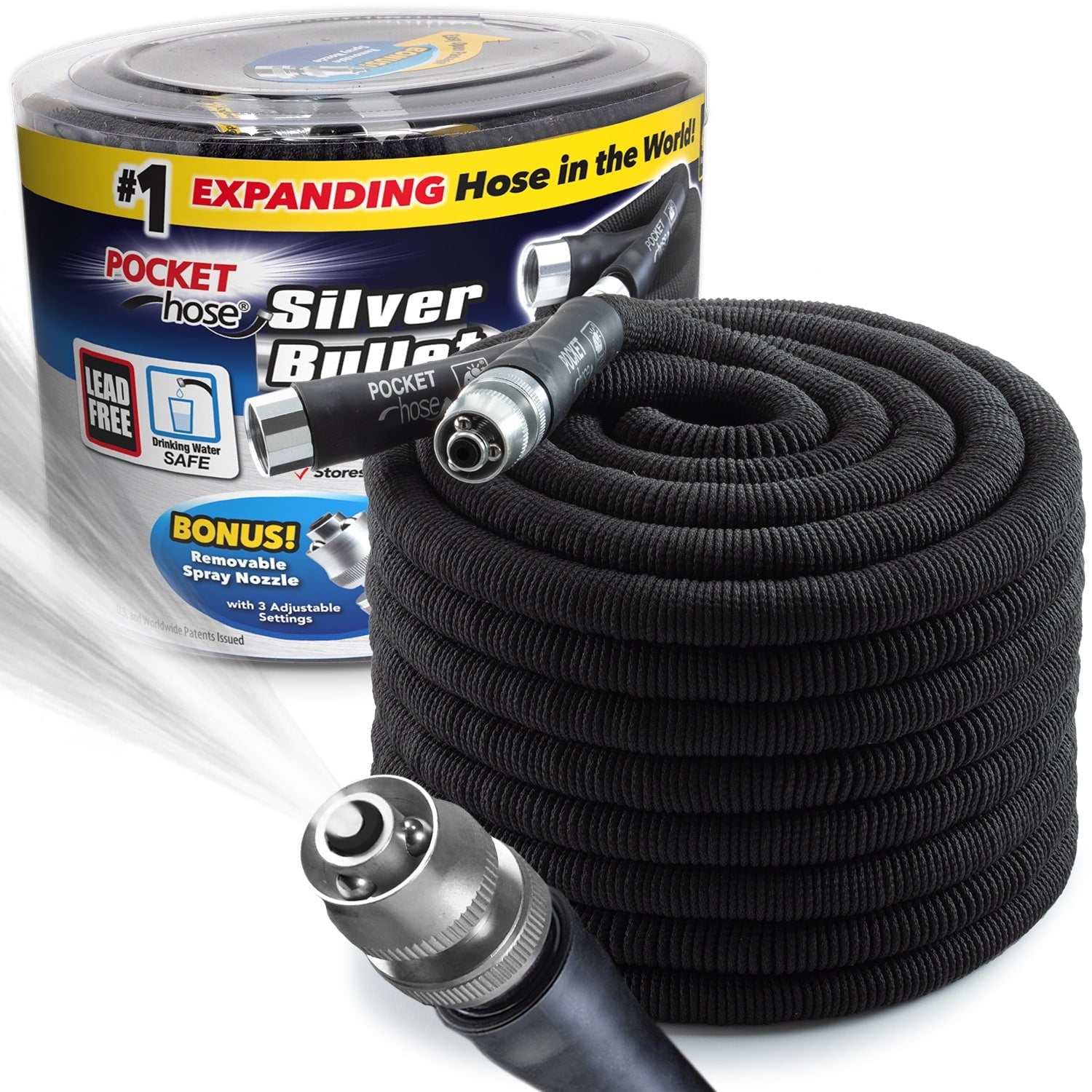 Pocket Hose Silver Bullet 100 ft Turbo Shot Nozzle Multiple Spray Patterns Expandable Garden Hose 3/4 in Solid Aluminum Fittings Lightweight and No-Kink