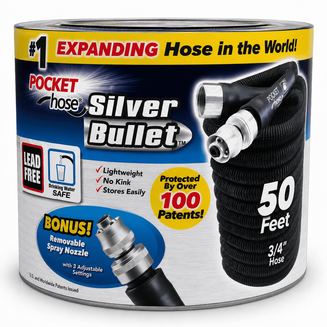 Pocket Hose 50 FT Silver Bullet w/Turbo Shot Nozzle Multiple Spray Patterns Expandable Garden Hose 3/4 in Solid Aluminum Fittings Lead-Free Lightweight and No-Kink
