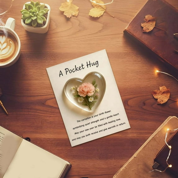 Pocket Hug Acrylic Heart Flower Decor Card, Warm Heartfelt Pocket Hug Gift with Embedded Flower, 12-Month Flower Decoration, Features Carnations to Roses Representing Each Month