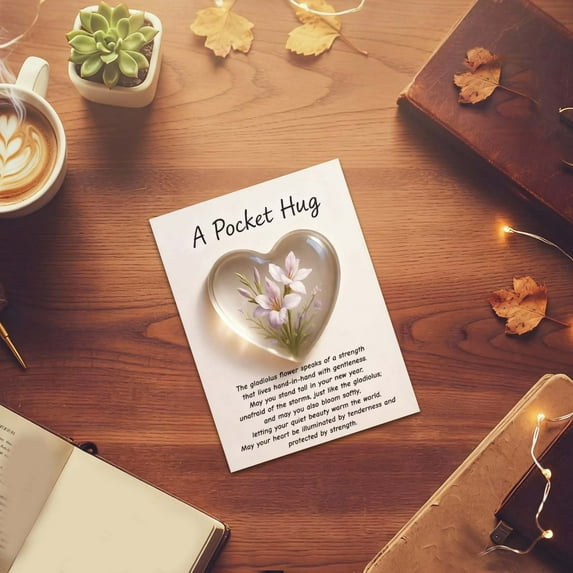Pocket Hug Acrylic Heart Flower Decor Card, Warm Heartfelt Pocket Hug Gift with Embedded Flower, 12-Month Flower Decoration, Features Carnations to Roses Representing Each Month