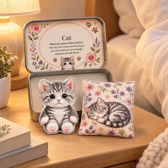 Pocket Hug Cat Acrylic Gift Set with Keepsake Tin Box, Cute Tabby Cat ...