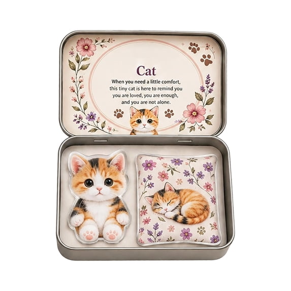 Pocket Hug Cat Acrylic Keepsake Token With Metal Tin Box Small Memorial Gift Cute Animal Ornament For Desk Display