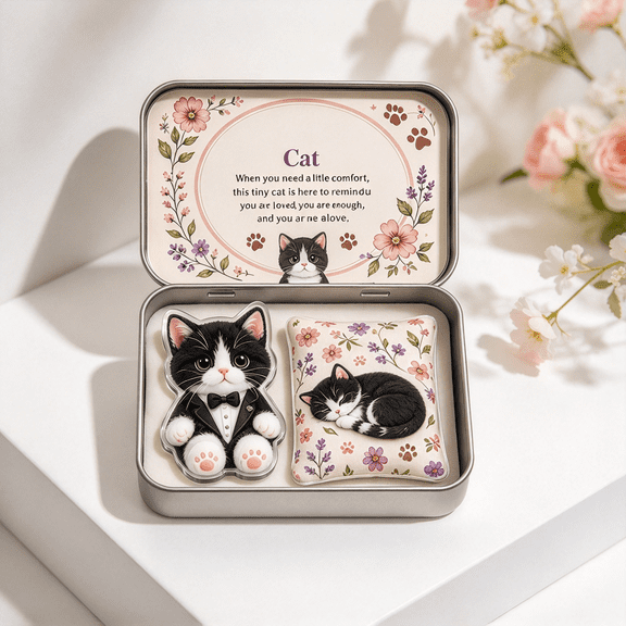 Pocket Hug Cat Comfort Keepsake Tin Box, Black White Tuxedo Kitten Design, Iron Metal Tin With Inspirational Message, Acrylic Cat Cutout And Floral Cushion, Pocket Companion Desktop Ornament