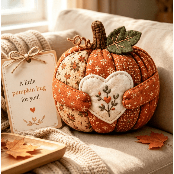 Pocket Hug Fabric Pumpkin Comfort Gift, Vintage Floral Patchwork Stuffed Pumpkin Figurine, Seasonal Fall Thanksgiving Decor for Fireplace Entryway, Thinkingofyou Present for Birthday Gifting