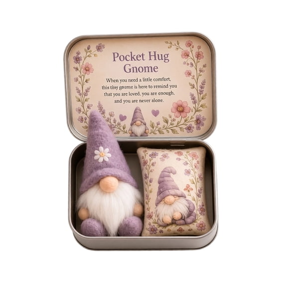 Pocket Hug Gnome Gift Set with Mini Comfort Pillow in Tin, Emotional Support Desk Decor & Thinking of You Present for Friends, Purple