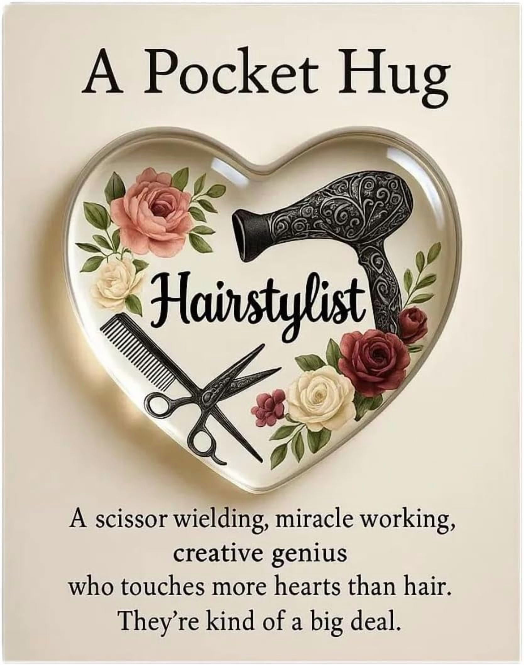 A Pocket Hug for Hairstylists, Mini Hairdresser Tools Heart Pocket Hug Token with Greeting Cards, Thank You Gift for Your Hairstylist, Hairdresser Gifts for Women Men Birthday Christmas Ornament (w)