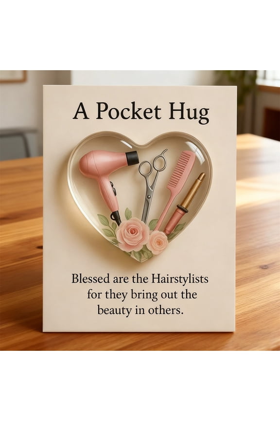 Pocket Hug for Hairstylists - Mini Hairdresser Tools Heart Token with Greeting Card, Acrylic Salon Decor Gift for Women Men Stylist Appreciation Present for Birthday Christmas