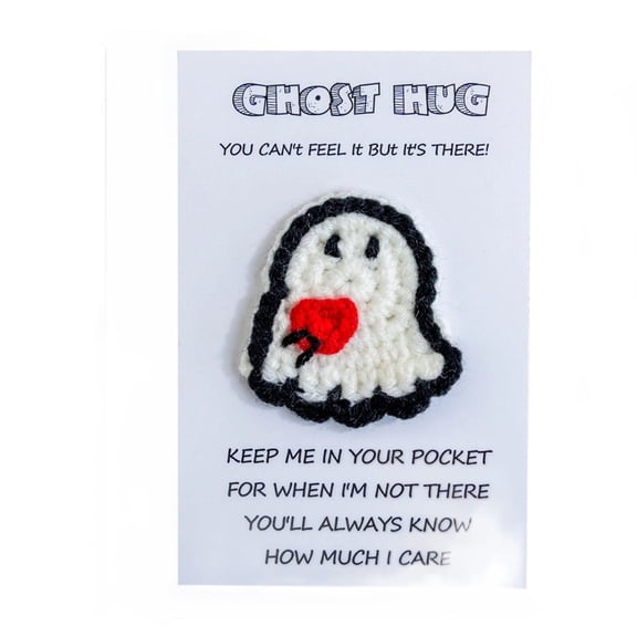 Pocket Hug, Hand Crochet Ghost Pocket Token with Message Card, Halloween Handmade Keepsake Small Gift for Kids and Adults