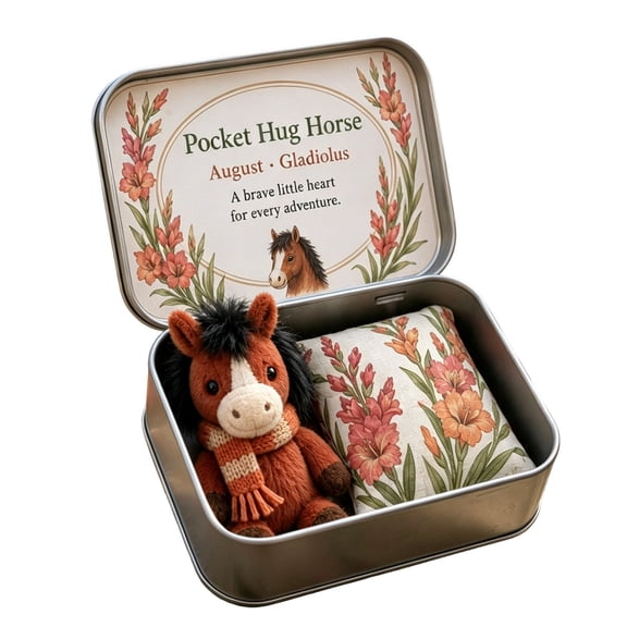 Pocket Hug Horse Tin Box Plush August Gladiolus Mini Stuffed Toy Gift Keepsake 3.54x2.56 Inch 1 Count